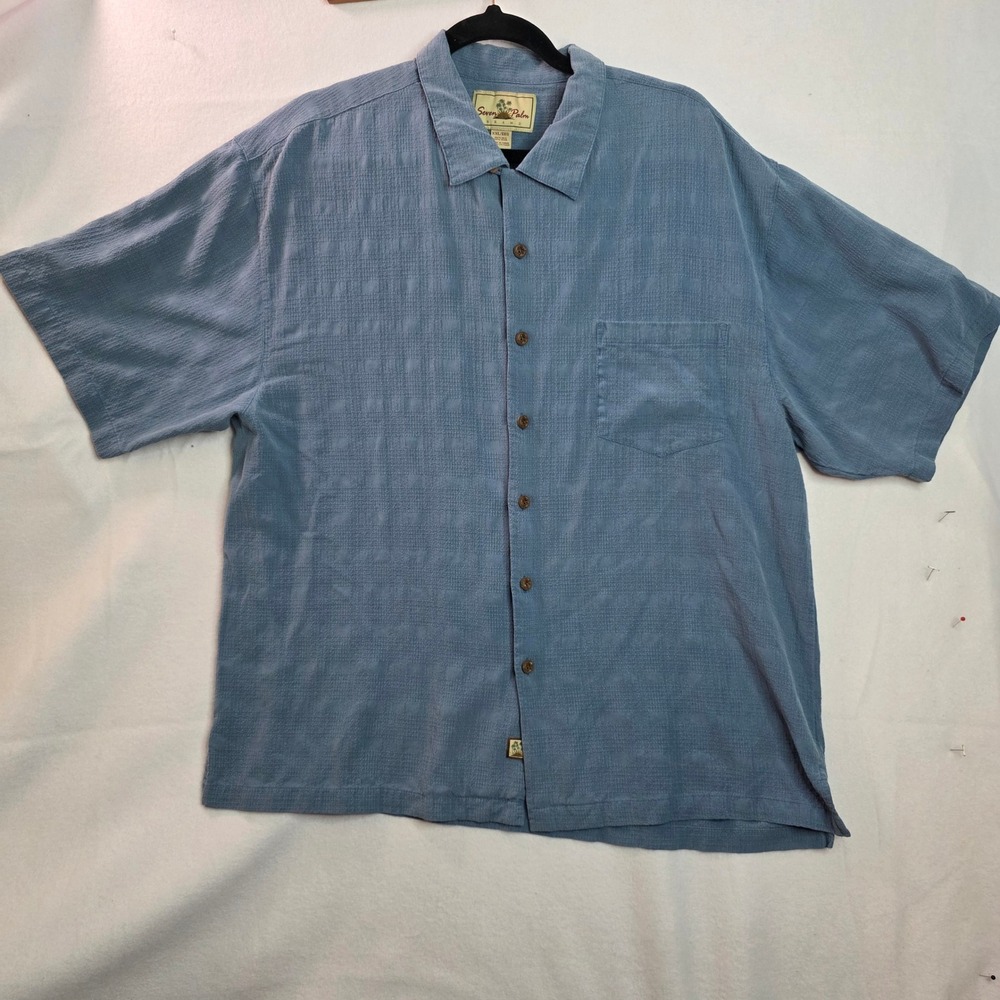 Seven Palm Brand Mens XXL Blue 100% Silk Textured Short Sleeve Button Down Shirt